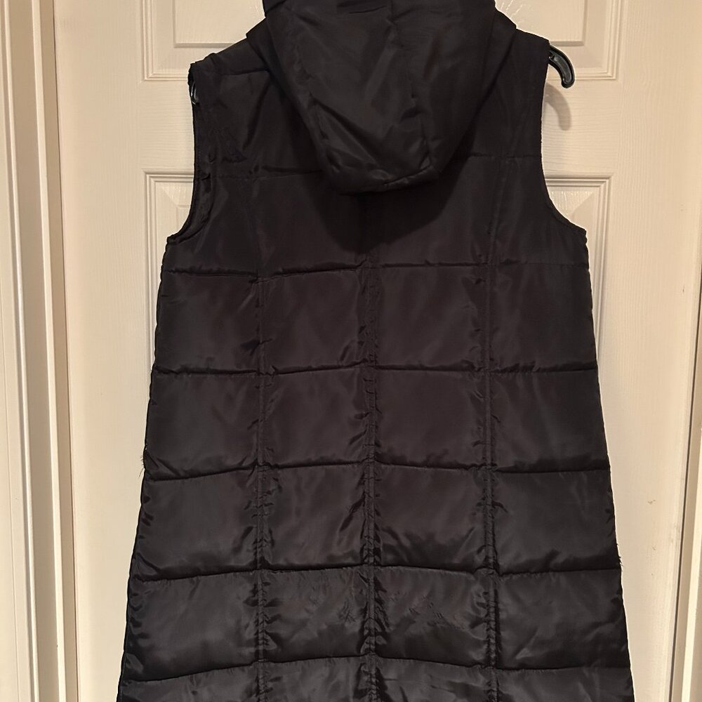 Long Black Puffer Weatherproof Vest w/ Hood